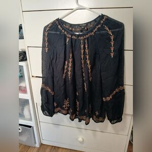 Lucky Brand Black Blouse with Tan Embroidery